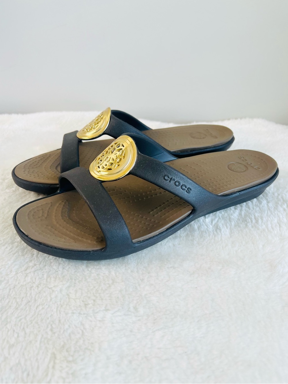 CROCS Black Slide Sandals with Gold Accents